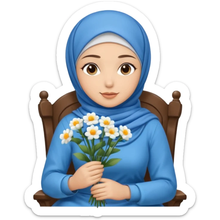 Beautiful Turkish Muslim wearing blue hajab and holding white flowers and siting down on chair sticker
