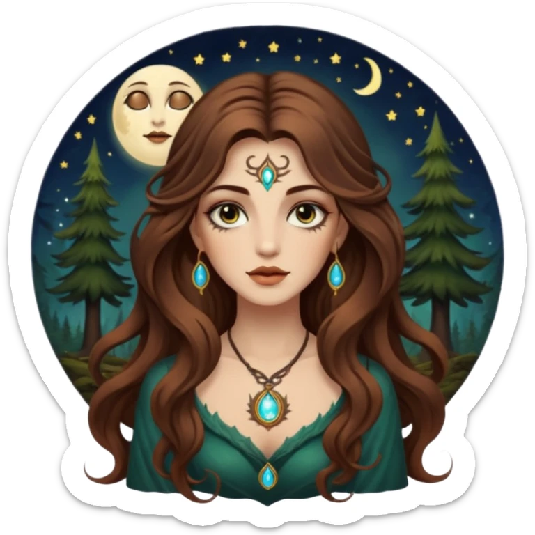 forest mystic woman long wavy brown hair tattoos half-lidded eyes moon glow sticker
