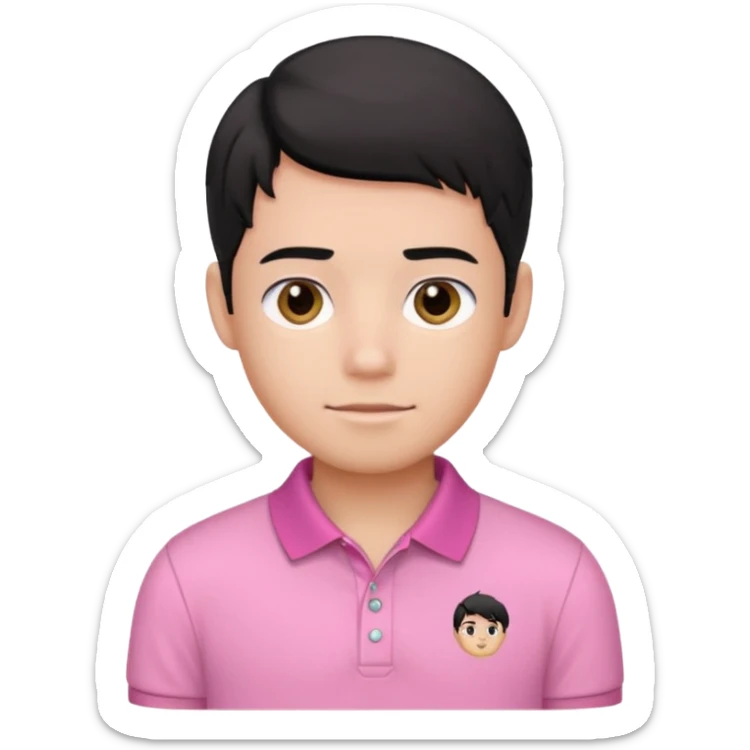 generate a pretty bratz boy wearing a pink polo shirt. Black middle part hair. handsome sticker