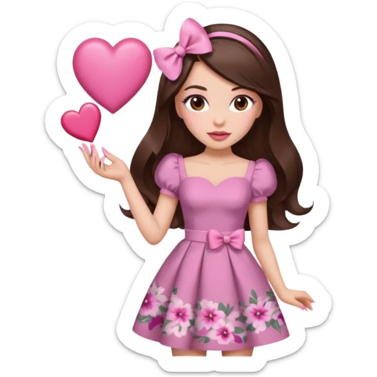 Chocolate brown clothes emoji, inspired with brunette hair, brown eyes, long hair, heart shape lips and pink make up  and pink nails, mauve pink blush and floral pink dress, half up hair with white bow peaking on the sides, white heels  sticker