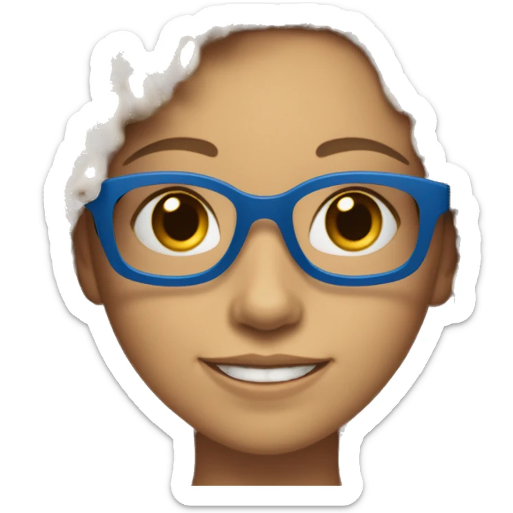 A fair-skinned girl, wearing blue plastic glasses, her hair is curly, she has a beautiful smile, and her left eyebrow is slit.  sticker