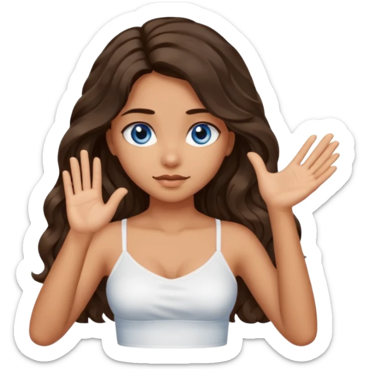 Girl with olive skin, blue eyes, brown dark insanely wavy long hair, white camisole, left hand palm up crossing arms in an x shape sticker