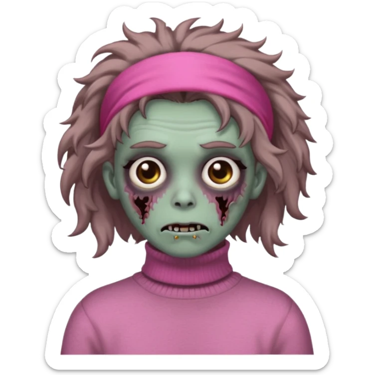 brown fluffy haired grey zombie with pink turtleneck sweater and hair band sticker