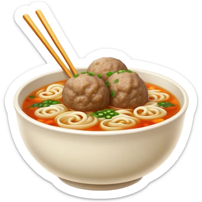 Cinematic Realistic Bakso Dish Emoji, showcasing savory meatball soup with noodles rendered with detailed textures and warm, inviting lighting. sticker