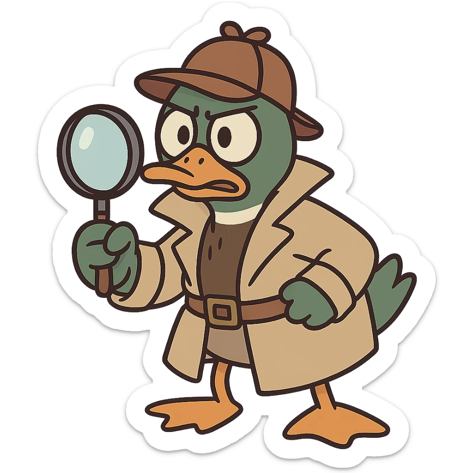 cute mallard duck dressed as a detective, wearing a trench coat and detective hat, holding a magnifying glass, cartoon style sticker