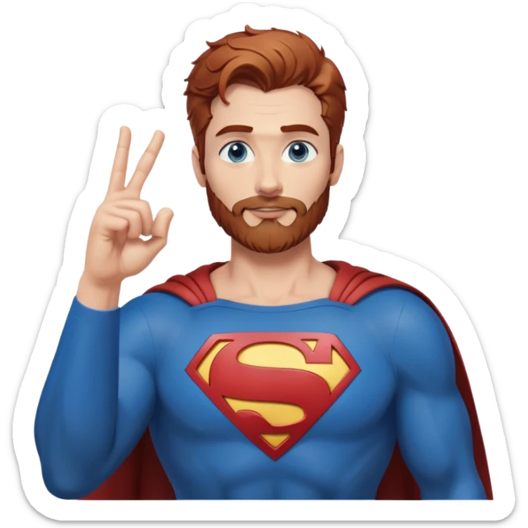 Adult-tall-full body- Superman-with redish brownish messy hair-full neatly trimmed beard-blue eyes-hand heart gesture sticker