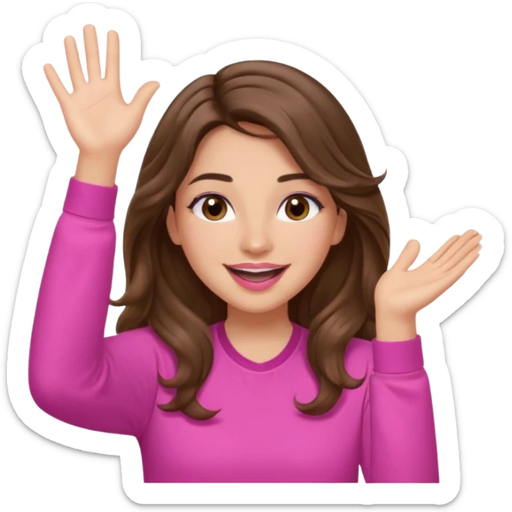 girl with long wavy brown hair, brown eyes, light to medium complexion, in a pink shirt, pink lips, long lashes, puckered lips, both hands in the air cheering sticker