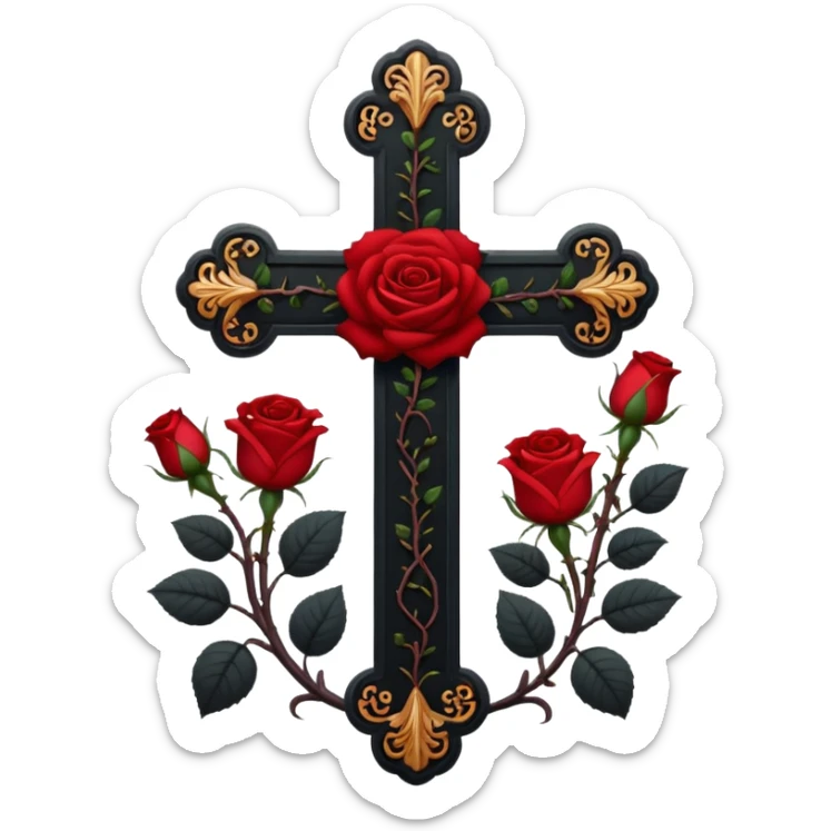 Ein christen kreuz schön verziert mit Rosen ranken aber nur in schwarz als Emoji sticker