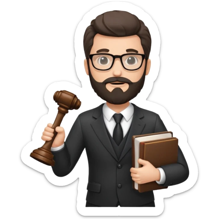 Create a male lawyer. he is wearing a fromal suit jckeret. He is holding a gavel in one hand and a book tucked under his another arm. He has beard and glasses without the glass lol. And the hair is kinda darker but not black sticker