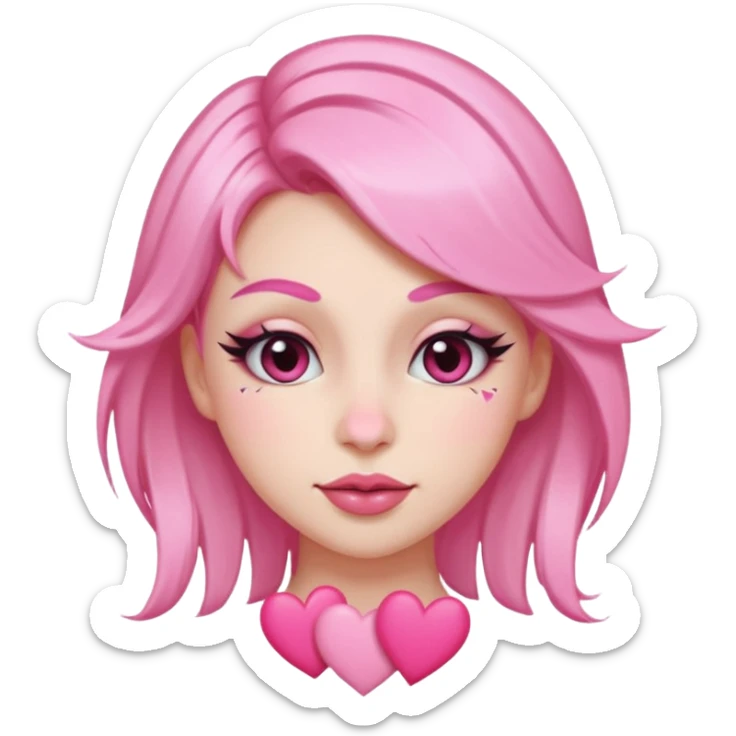 “Emoji girl, pastel pink streaks in hair, bold winged eyeliner, heavy blush on cheeks and nose bridge, under-eye hearts, glossy pink lips, playful smirk.” sticker