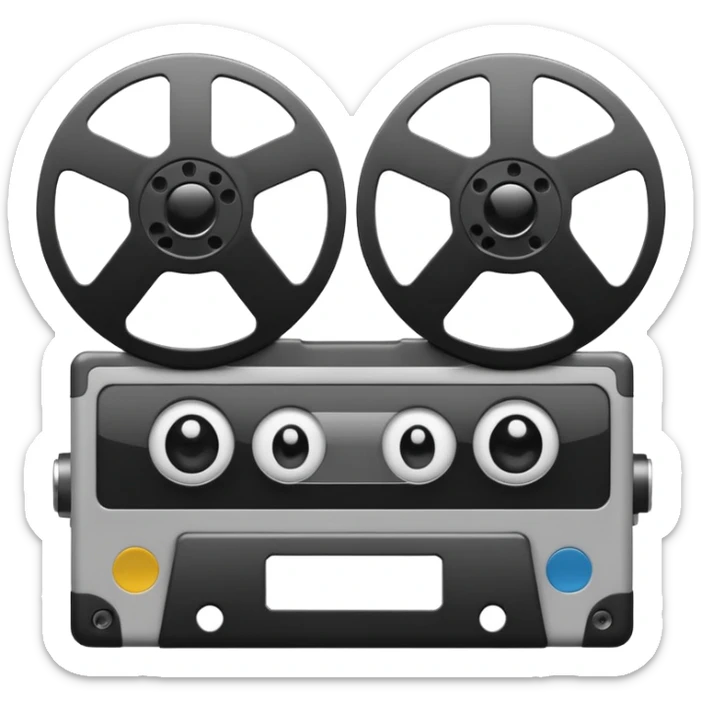 Minimalist emoji-style sticker of a VHS tape where the reels look like eyes, staring out. Black, white, and gray tones only.
 sticker