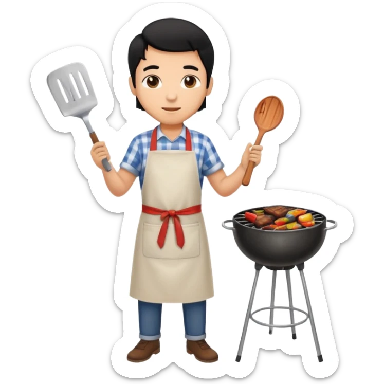 man cooking barbecue full-body black hair brown skin sticker