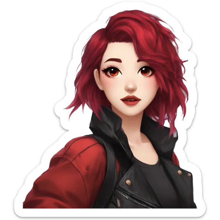 Gorgeous anime style lady with blushing face aesthetic and pretty edgy black red punk hair with hair garment trending style sticker