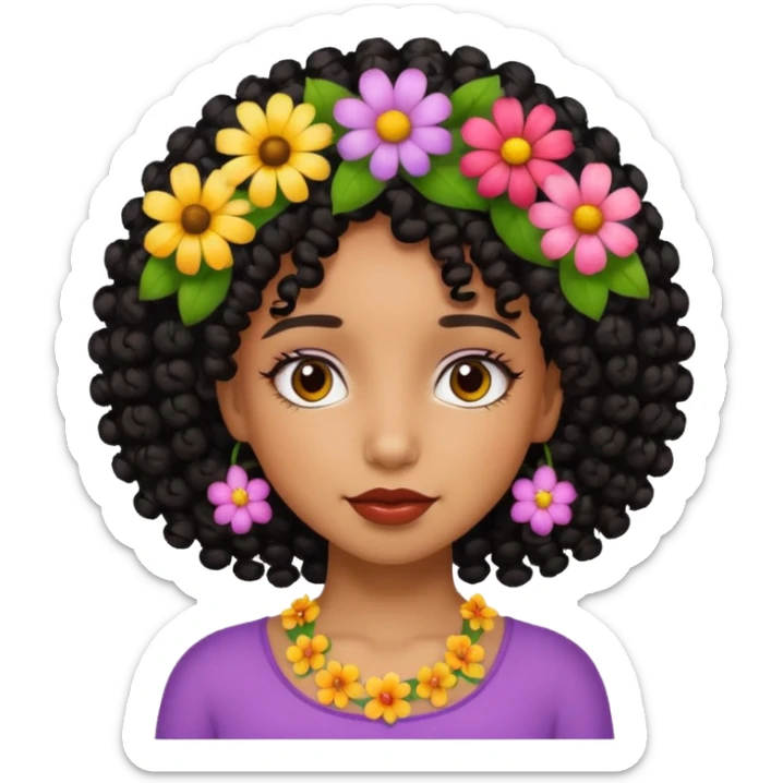 short black curly girl, tan skin, with flowers on her hair sticker