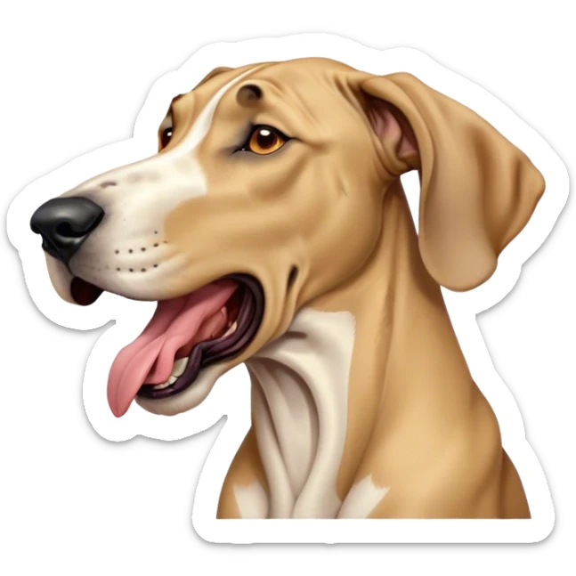 Cinematic Cute Yawning Fawn Great Dane Portrait Emoji, Head tilted slightly with a dramatic, wide-open yawn, revealing a smooth fawn coat with a refined texture, floppy ears slightly drooping, round amber eyes barely open in drowsy contentment, Simplified yet irresistibly adorable features, highly detailed, glowing with a soft, cozy glow, high shine, relaxed yet expressive, stylized with a touch of whimsy, bright and endearing, soft glowing outline, capturing the essence of a sleepy yet affectionate guardian, so drowsy it feels like it could stretch out of the screen and curl up for a nap! sticker