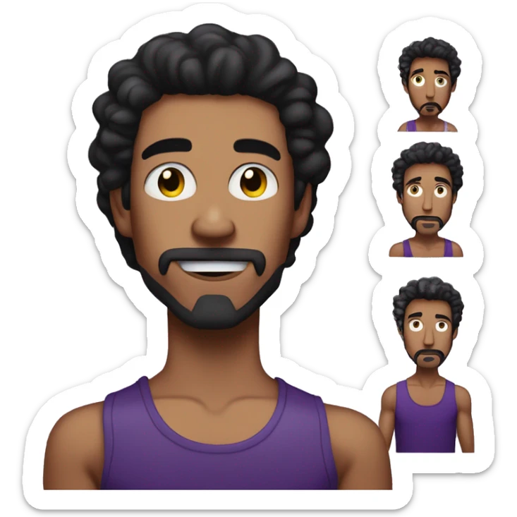 tanned, skinny, young man with long curly black hair, a goatee that's only on the chin, a big nose, black lipstick and wearing a purple tanktop sticker