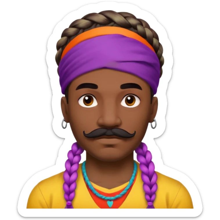 big lose braids starting from the top of the head man with mustache face wiith big visible braids and mono color headband on head  face and braids as big as headband and lots and lots of face tattoos colored tattoos like a tattoo artist hair unique color sticker