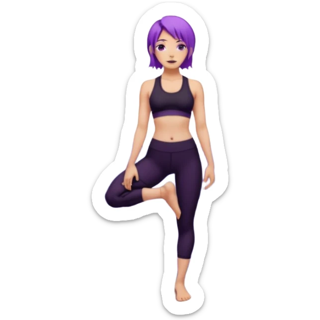 A woman with purple hair standing tall in mountain pose, wearing a black yoga outfit, calm expression, mandala background, digital art style. sticker