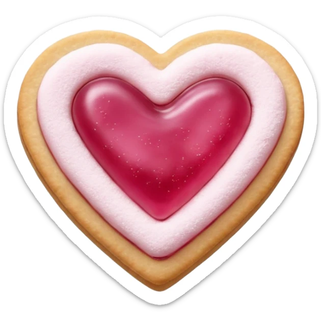 Realistic shortbread cookie in the shape of a heart with pink jelly middle filling and sprinkled powder sugar on top. sticker