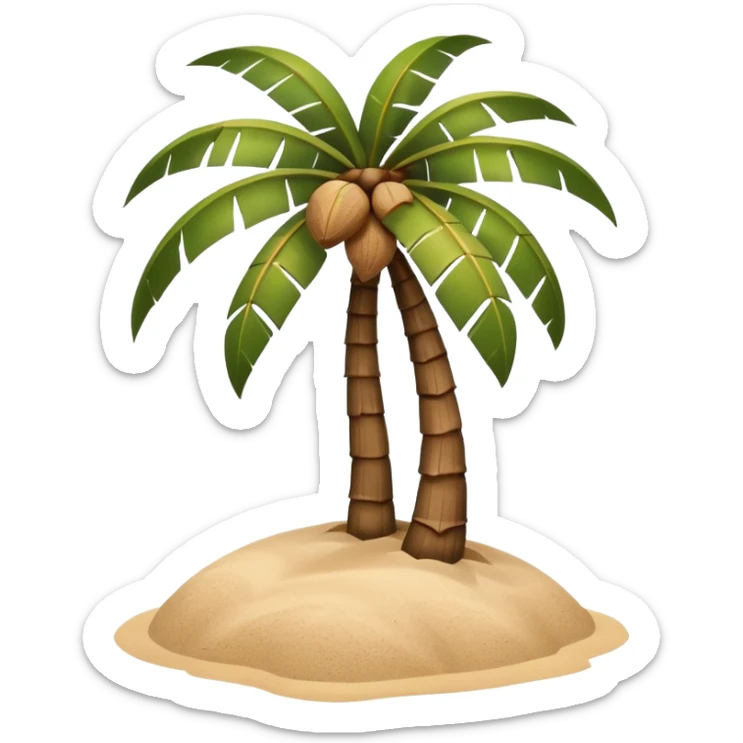 A 3D cartoon coconut palm tree with coconuts near the top and a sandy base, tropical light setting, Memoji-style realism. sticker