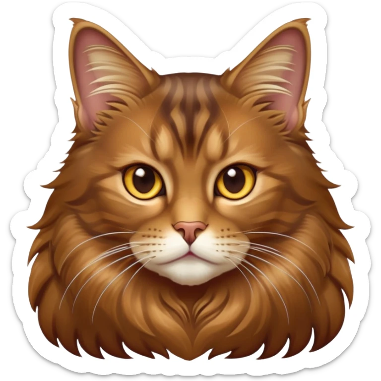 cinematic-brown-maine-coon-cat-portrait-emoji,-elegant-and-alert,-sleek-brown-and-gold-tones-with-hints-of-deep-auburn,-simplified-yet-sharp-features,-highly-detailed,-glowing-with-a-warm,-confident-glow,-high-shine sticker