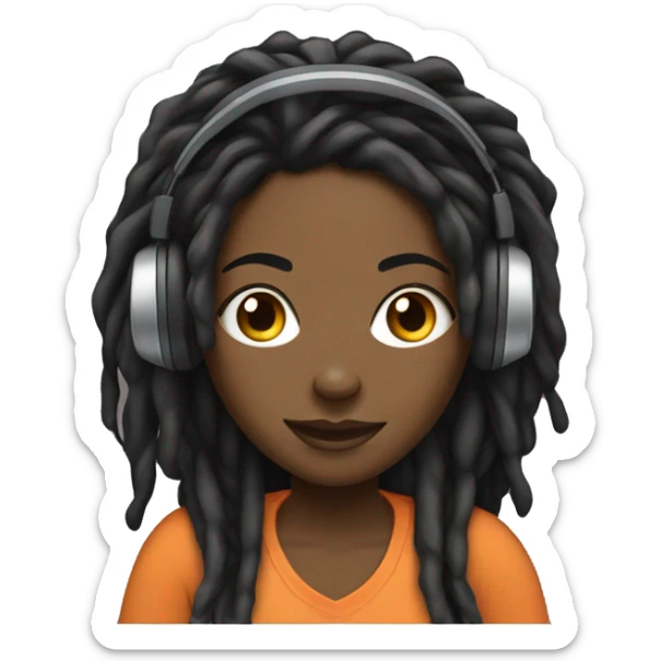 black woman with dreads behind laptop typing and wearing headphones sticker