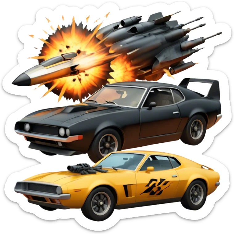 Photorealistic Icon for Action Movies: Dynamic close-up collage of iconic action movie scenes featuring explosions, fast car, combat and weapons. Include silhouettes of famous action heroes, dramatic lighting and a sense of high-octane energy. Transparent background. sticker
