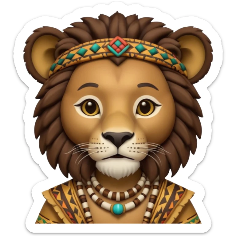 a-3d-cartoon-african-lion-from-the-1800s-wearing-traditional-african-tribal-clothing,-calm-expression,-natural-background,-memoji-style-realism. sticker