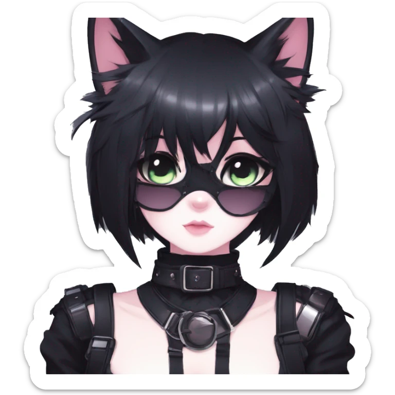 Gorgeous gothic dark techwear anime style anthro black cat furry with blushing face aesthetic and pretty edgy black with collar and harness trending style sticker