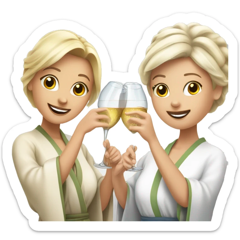 A young blonde woman and an older woman in spa robes doing a cheers witch champagne glasses sticker