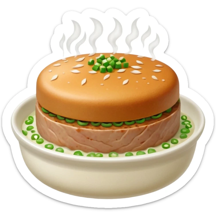 Emoji of a Chinese steamed pork patty in a small dish, topped with chopped scallions and steam rising, soft texture, minimal style. sticker