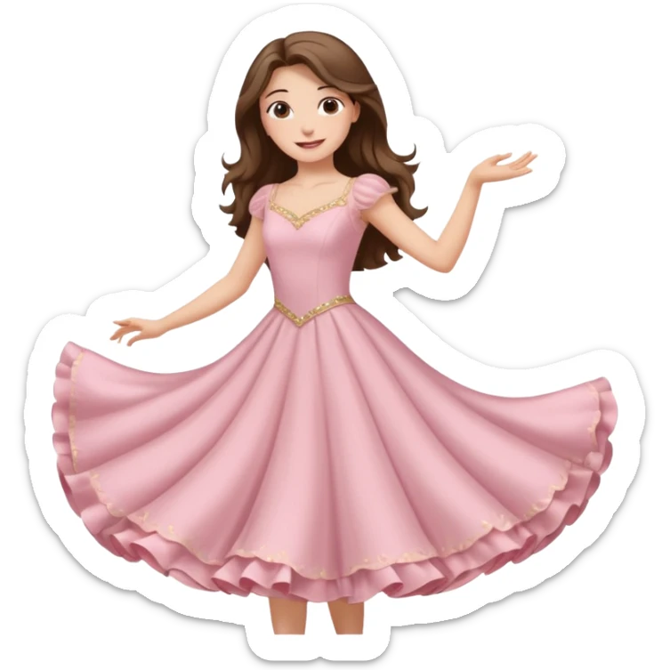 happy white long brunette hair girl with hazel eyes in light pink ballroom dancing sticker