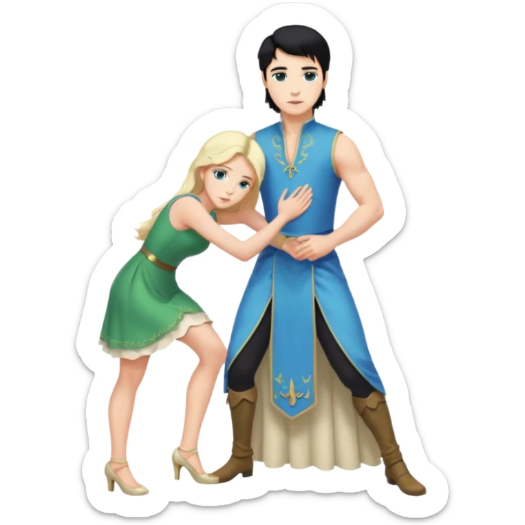2 Person, prince, upright, black Hair, blue eyes, whole body, Woman, blonde Hair, Green eyes, bending knee, sleveless White Dress, sticker