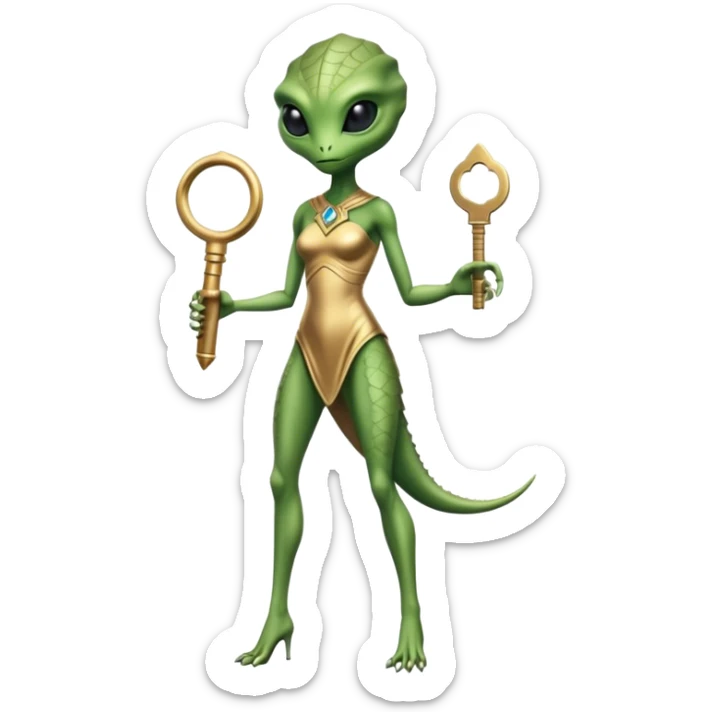 a reptilian alien woman full body, in gold dress, hold big key sticker