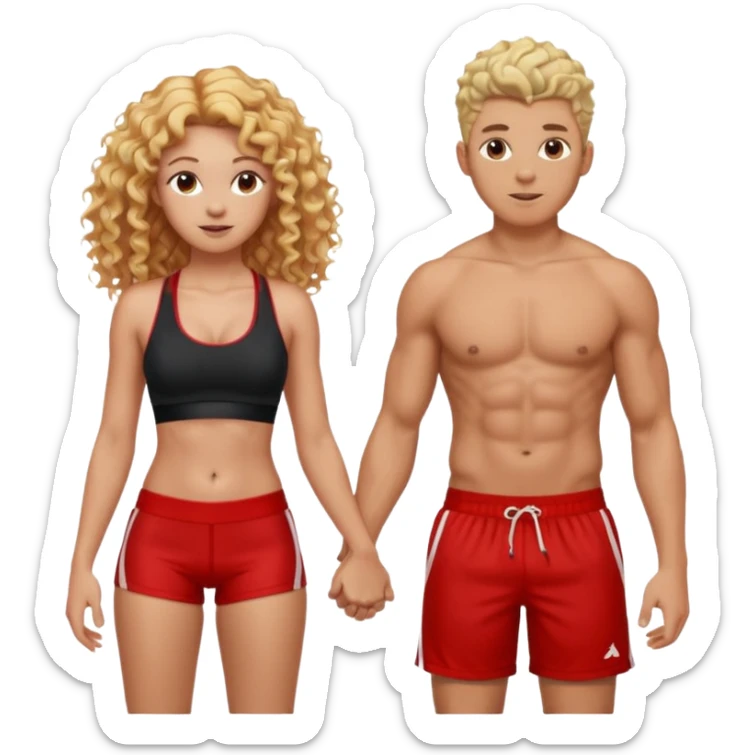 athletic man, high top fade, blonde curly hair only top only, no shirt and Athletic girl with long light red wavy long hair and black sports, Put them together kissing, or holding hands sticker