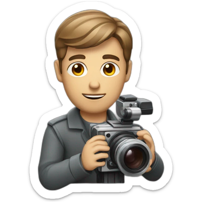 European film director with brown piled short hair holding a cinema camera sticker