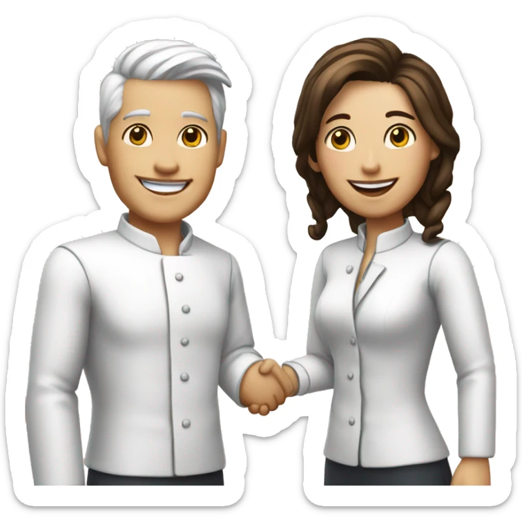 restaurant owner with white skin, and blogger with white skin, shaking hands in great detail sticker