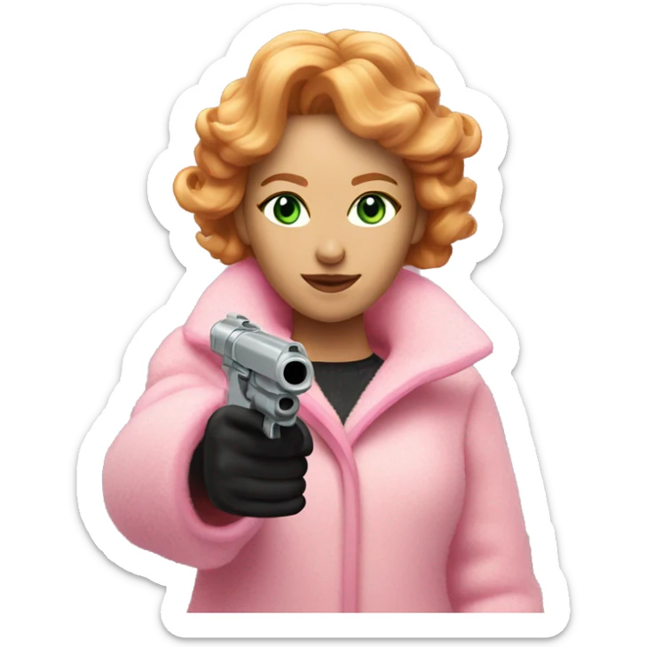 Women with reddish blonde hair with light green eyes and a pink fluffy coat pointing a laser gun sticker