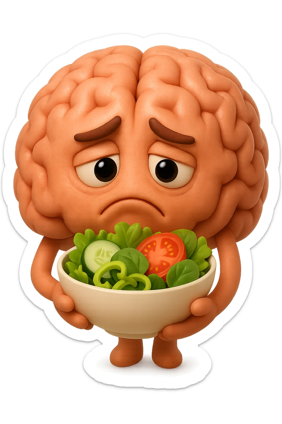 EMOJI STILE IPHONE 3D DI UN cervello umano che tiene in mano un insalata con espressione triste, iperrealistico 4k sticker
