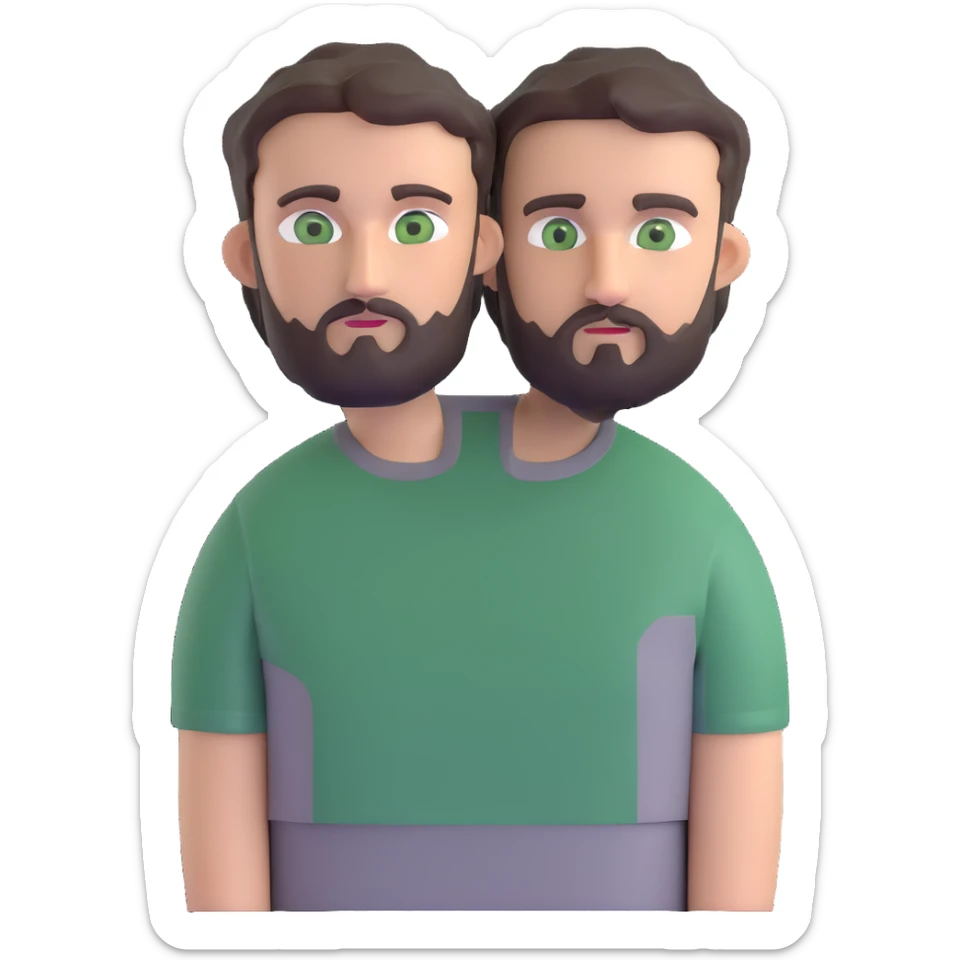 man with dark messy short hair, dark green eyes, gray T-shirt, and short beard sticker