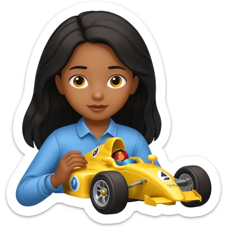 long black haired black girl kid playing yellow colored formula 1 car toy sticker
