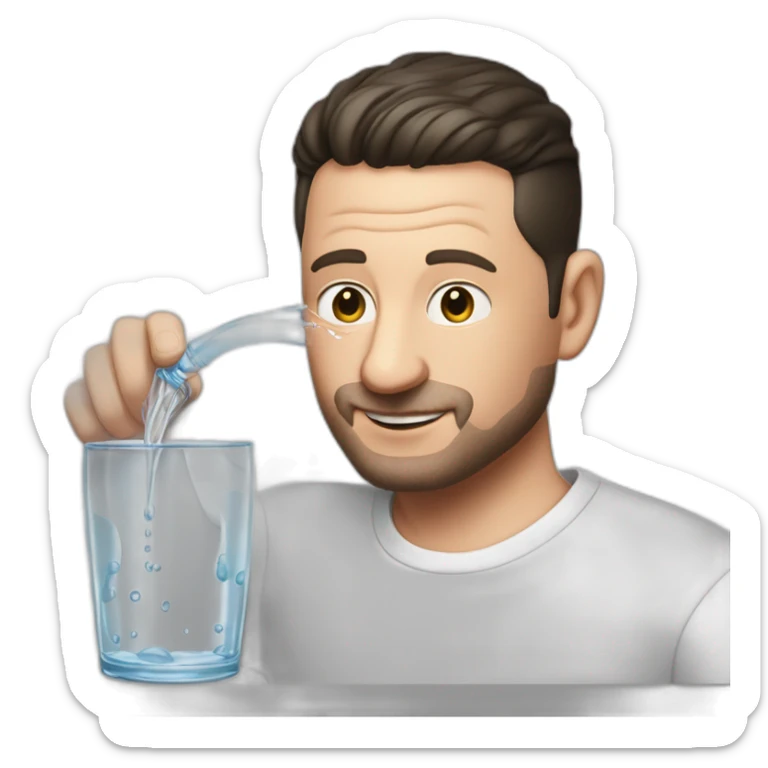 tim robinson dark black slicked back hair, wearing a white long sleeve t-shirt while pouring water from glass onto a steak sticker