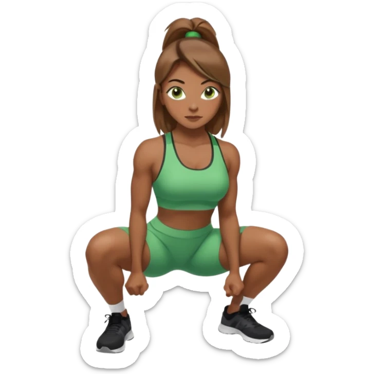 Beautiful woman with light brown shoulder length hair popping a squat without any weights. Make her with a little lighter, brown hair and green eyes sticker