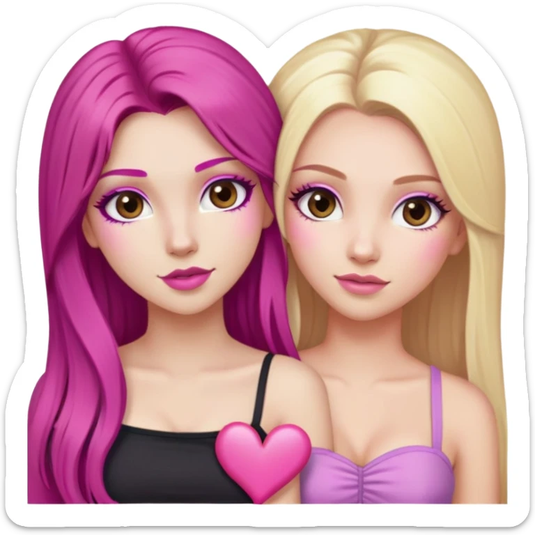 gorgeous long lashes pale girl with long magenta hair latina makeup next to a gorgeous blonde girl with blonde hair brown eyes and a light pink heart above them both wearing tube tops sticker