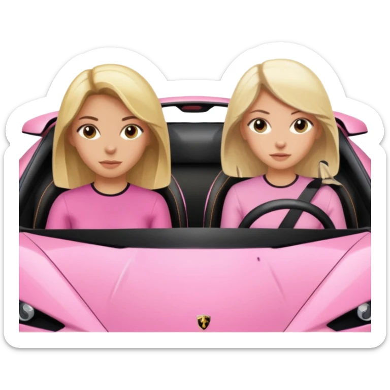 Car facing forward in pink sports car. The best friend girls are not smiling but very pretty, just neutral expression. One girl is blonde, one girl is brunette. Front of car sitting in the seats. Make it a pink sports car. They are two baddies make it a Lamborghini pink car  sticker