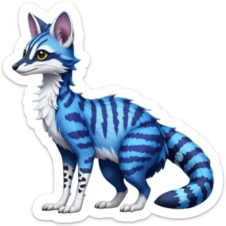 Feral Rare Fantasy vibrant dark shady shaded detailed deep-dark-cobalt-blue-gradients-colored colorful Vernid-Sergal-Genet-Trico-species by LiLaiRa, with dark-blackish points, white belly, random markings, tufted tail, tufted ears, full body sticker