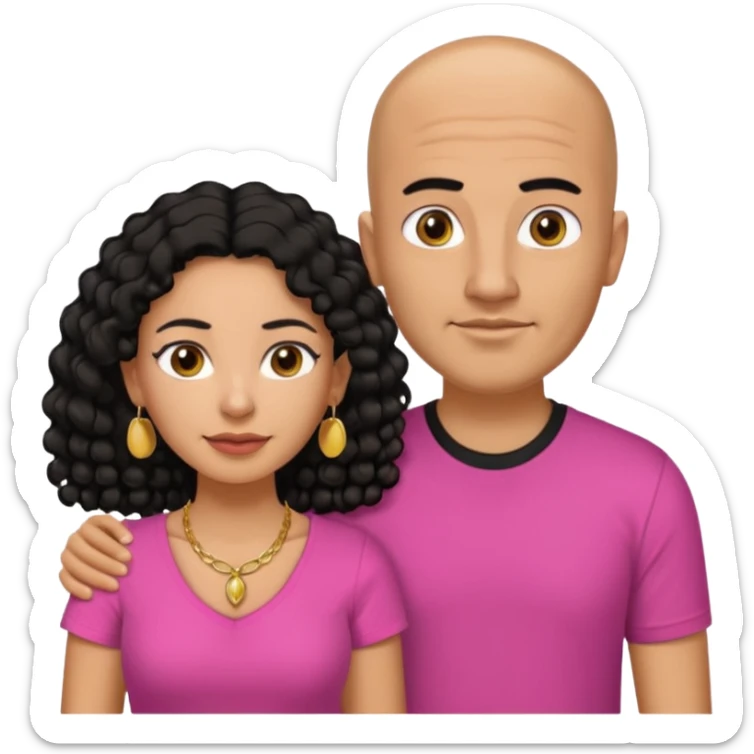 A picture if a couple. the man is a Mexican man with tanned skin, black hair, a bald hair cut, short boxed beard, and with a black t-shirt on. the woman is mixed with black and white, with brown curly long hair, gold earrings, a gold necklace and a pink shirt on and big boobs sticker