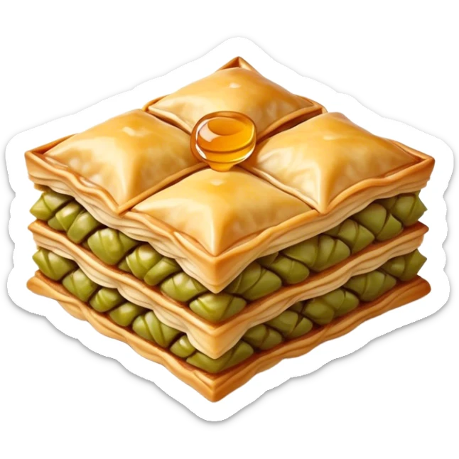 Cinematic Realistic Baklava Dessert Emoji, depicted as layers of flaky pastry with honey and nuts rendered with rich textures and warm, inviting lighting. sticker