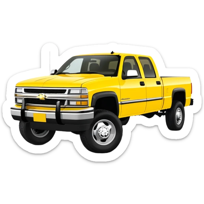 Bright yellow 1997 Chevrolet C-2500 Crew Cab Silverado pickup truck from Kill Bill movie, 30-degree angle view, iconic bright yellow color scheme, four-door crew cab, iOS emoji style sticker