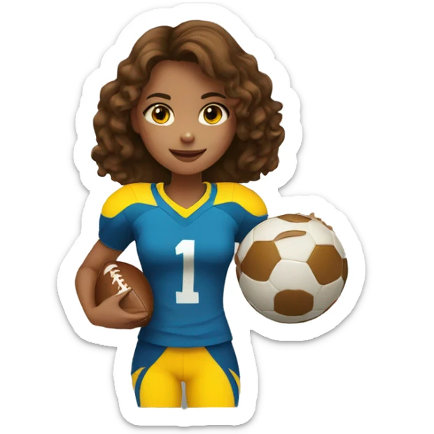 a girl with brown hair and a yellow football player with a small black ring on it sticker